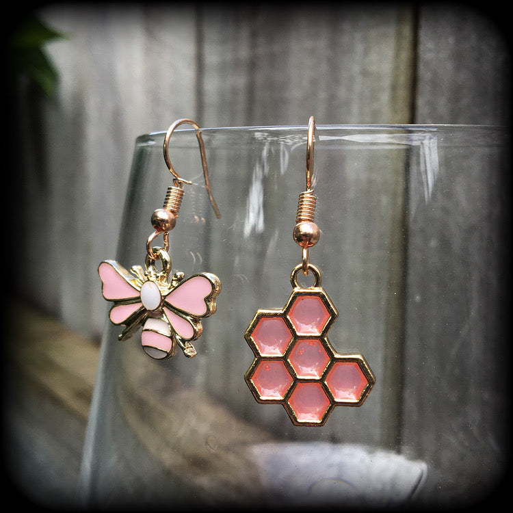 Pink bee and beehive earrings