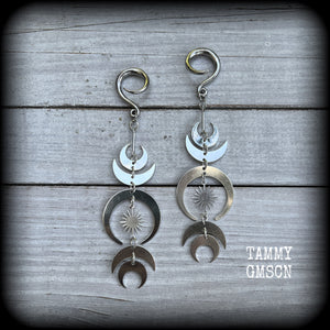 Moon ear weights Moon jewelry Witchy jewelry Witchy ear hangers Tribal sun earrings Occult jewelry Sun earrings Crescent moon earrings Ear gauges Ear jewelry Black Friday Spirals Cradles Saddles 4mm 6mm 8mm 10mm 12mm 14mm 16mm 19mm 22mm 25mm 28mm 30mm