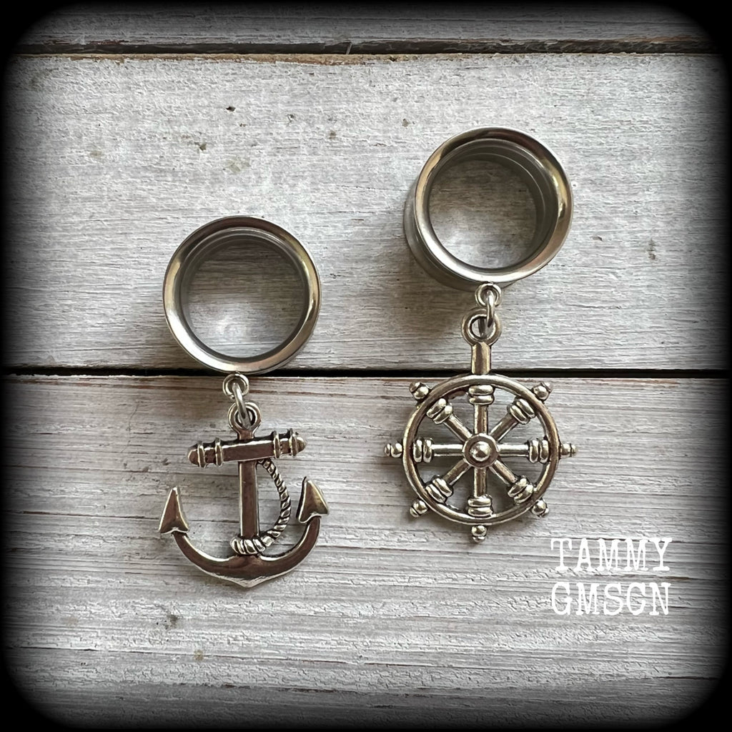 Anchor and Ships wheel tunnel earrings