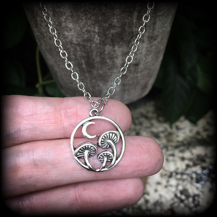 Crescent moon and mushroom necklace