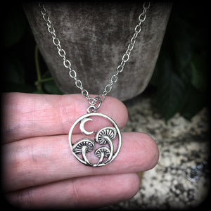Crescent moon and mushroom necklace