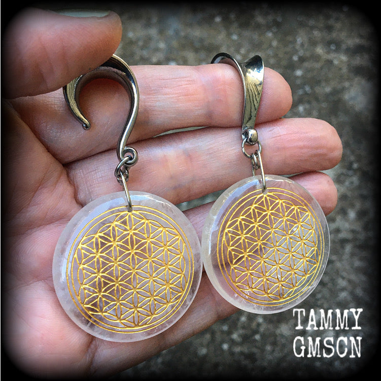 Clear quartz gemstone flower of life gauged earrings