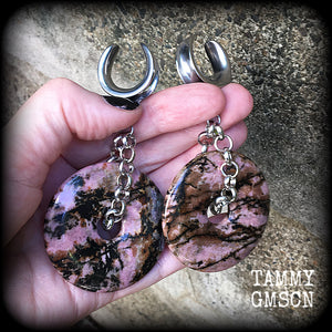 Rhodonite gauged earrings-Gemstone ear weights