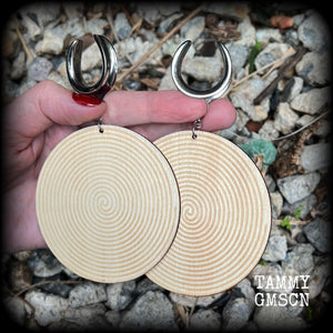 Tribal spiral wood disc earrings-Gauged earrings