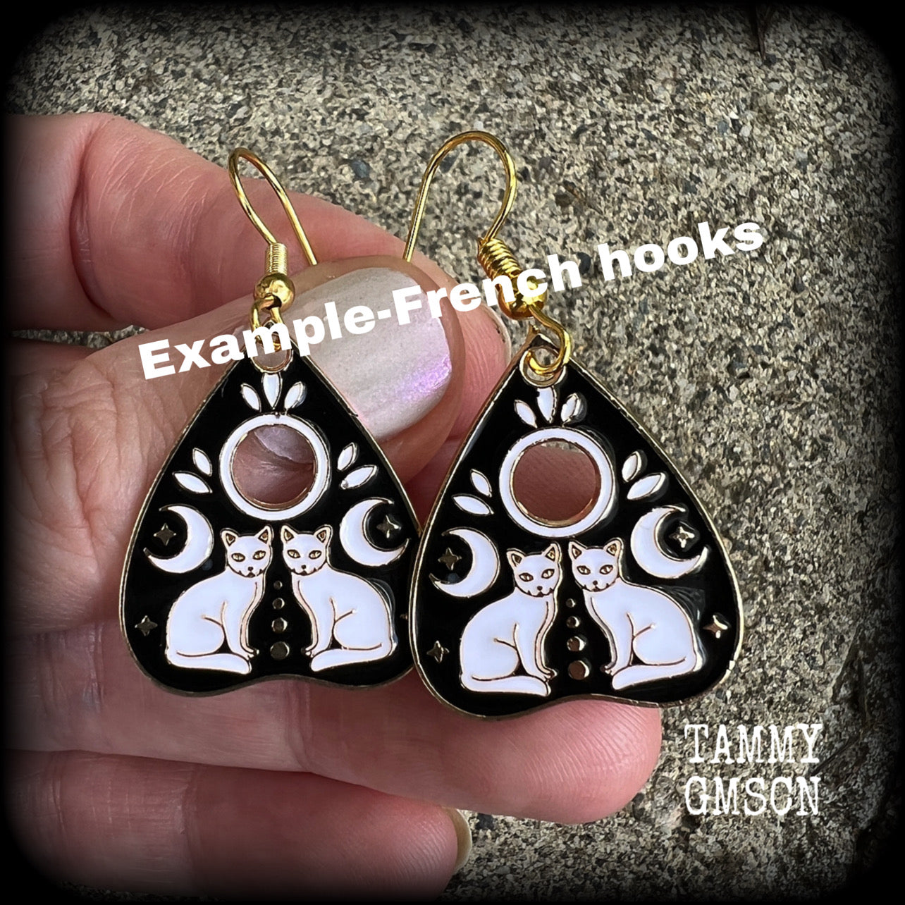 Occult cat and crescent moon ouija planchette earrings