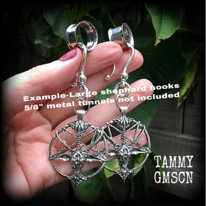 These gorgeous gothic earrings feature an antique silver Baphomet, are light weight (8 grams a piece) and nice and dangly, measuring 8cms from tip to tip.