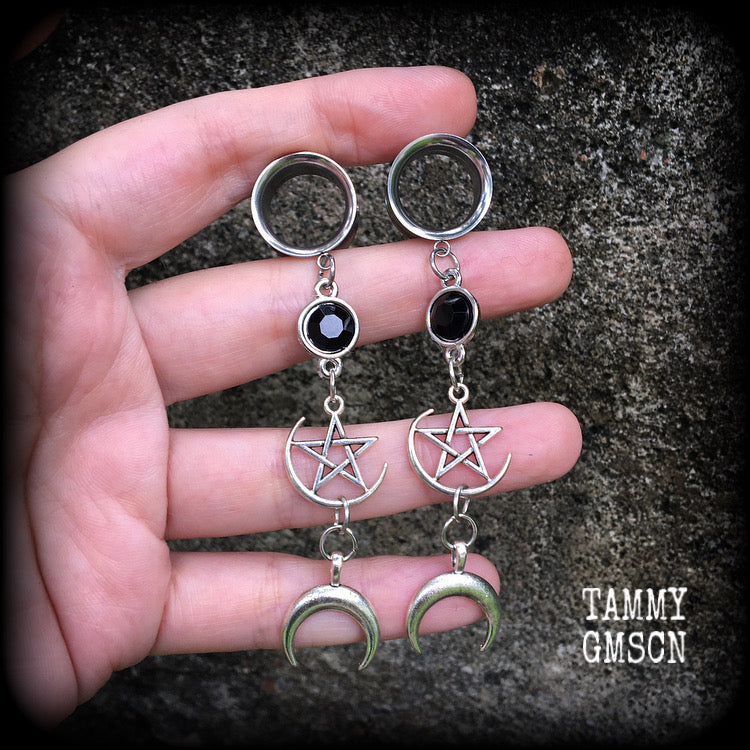 Crescent moon and pentagram tunnel dangles