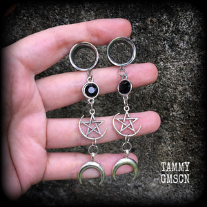 Crescent moon and pentagram tunnel dangles