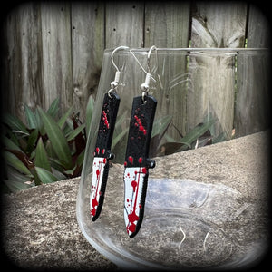 Horror punk earrings Kitchen knife earrings Halloween earrings Hunting knife earrings Bowie knife Pierced ears Ear gauges Horror punk jewelry Wednesday Fright night Horror movie Slasher movies Black Friday Real life crime Murderdolls Friday 13