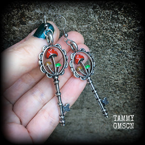 Enamel mushrooms-Antique key earrings