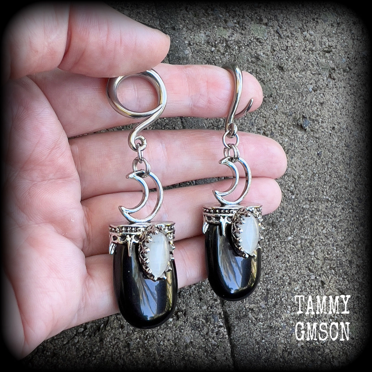 Black obsidian and crescent moon gauged earrings