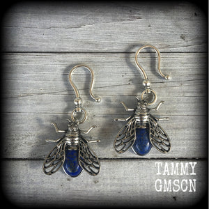 Lapis Lazuli insect earrings-Gemstone ear hangers