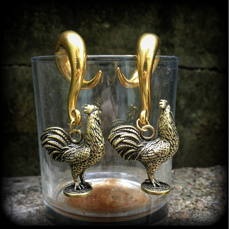 Brass rooster ear weights-Gauged earrings