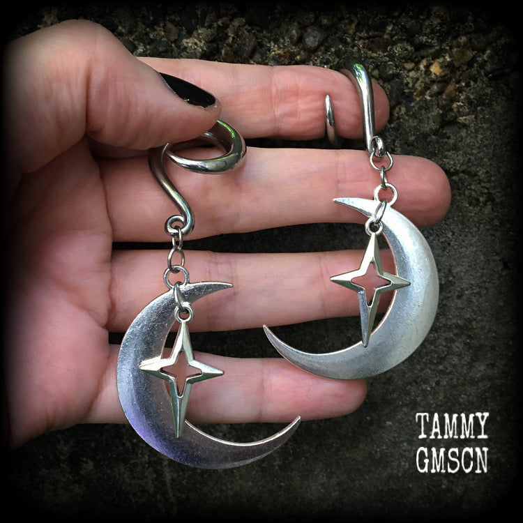 Crescent moon and star gauged earrings-MCM inspired