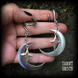 Crescent moon and star gauged earrings-MCM inspired
