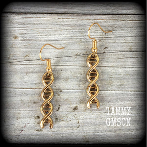 These adorable antique gold DNA helix earrings measure just under 6cms from tip to tip, and weigh only a few grams each.

This pair have been made with antique gold french hooks, suitable for pierced ears. 