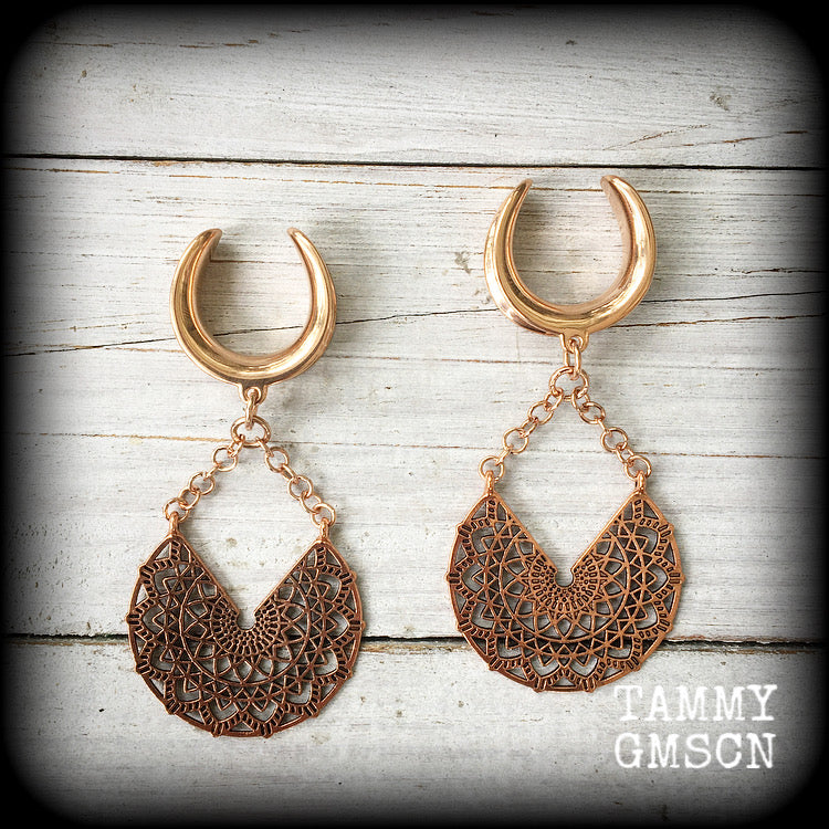 Rose gold tone mandala gauged earrings-Cradle weights