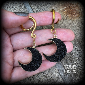 Black druzy crescent moon gauged earrings-Gemstone ear hangers