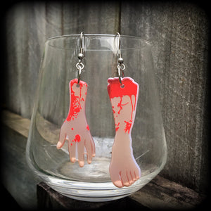 Zombie earrings Halloween earrings Zombie movie earrings Body parts Horror movie earrings Undead Vampire B movies Scream queen Body jewelry Hands Feet Body parts Flesh eating Cannibal movies Zombies Ghosts Supernatural Pierced ears Stretched lobes 