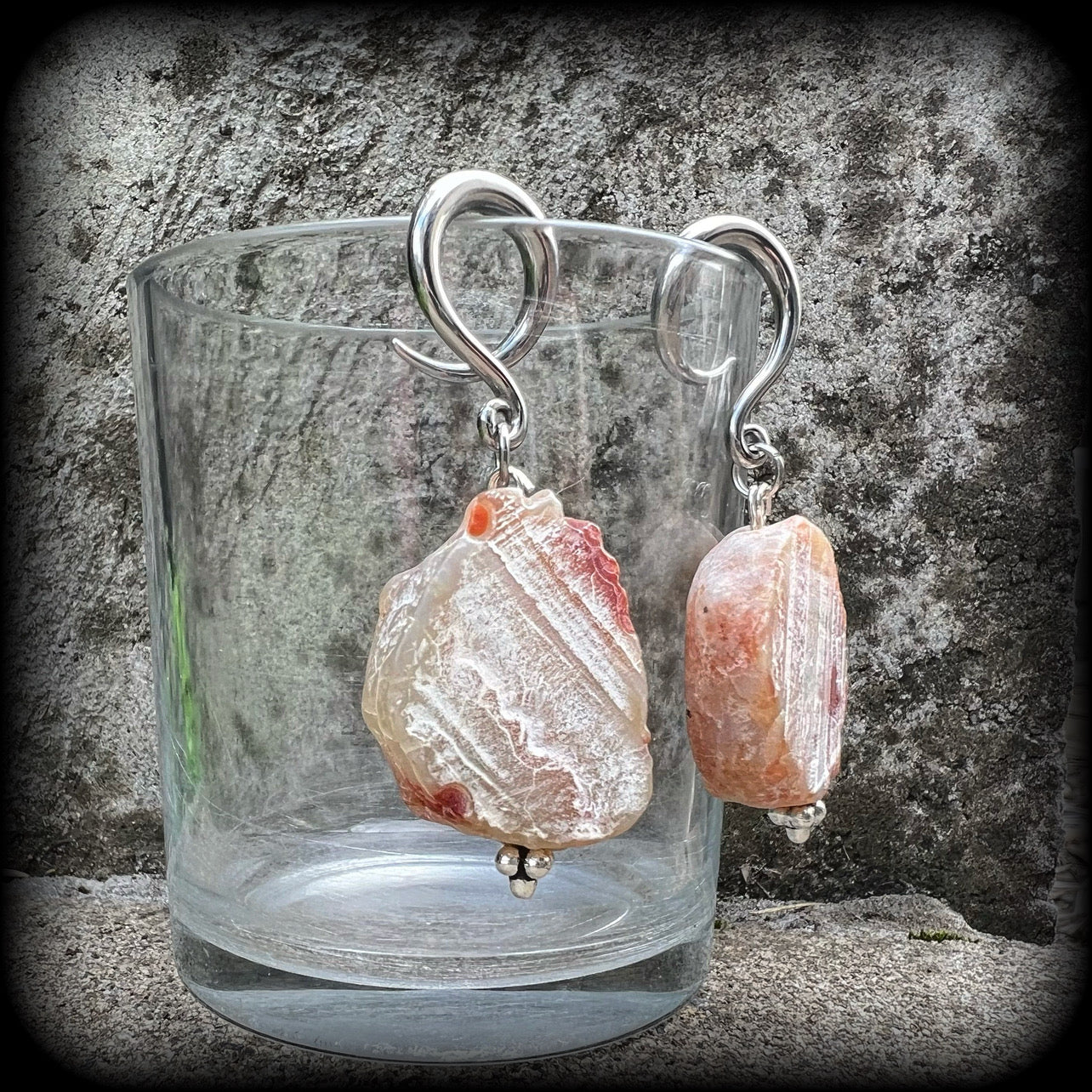 Raw agate slice gauged earrings