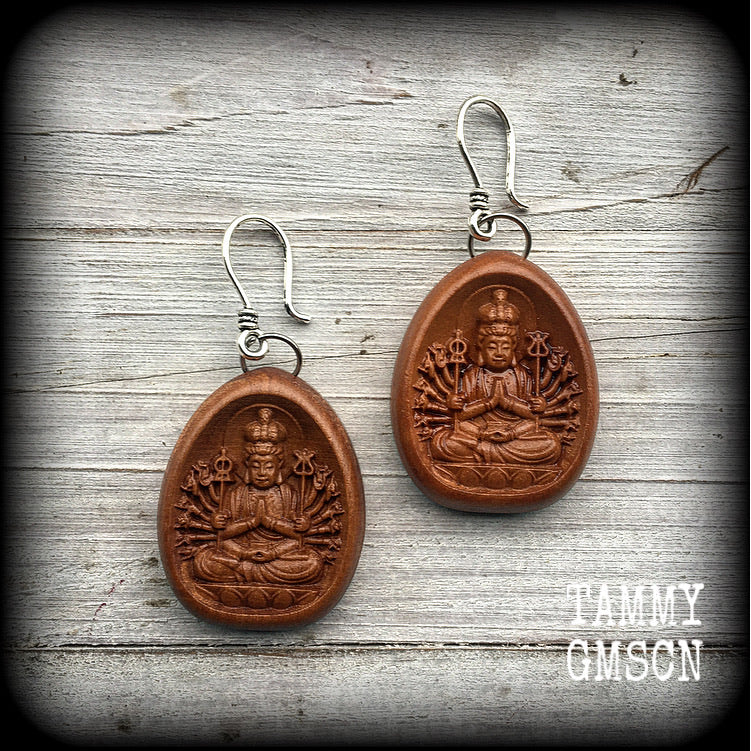 Guan Yin earrings-Carved wood earrings