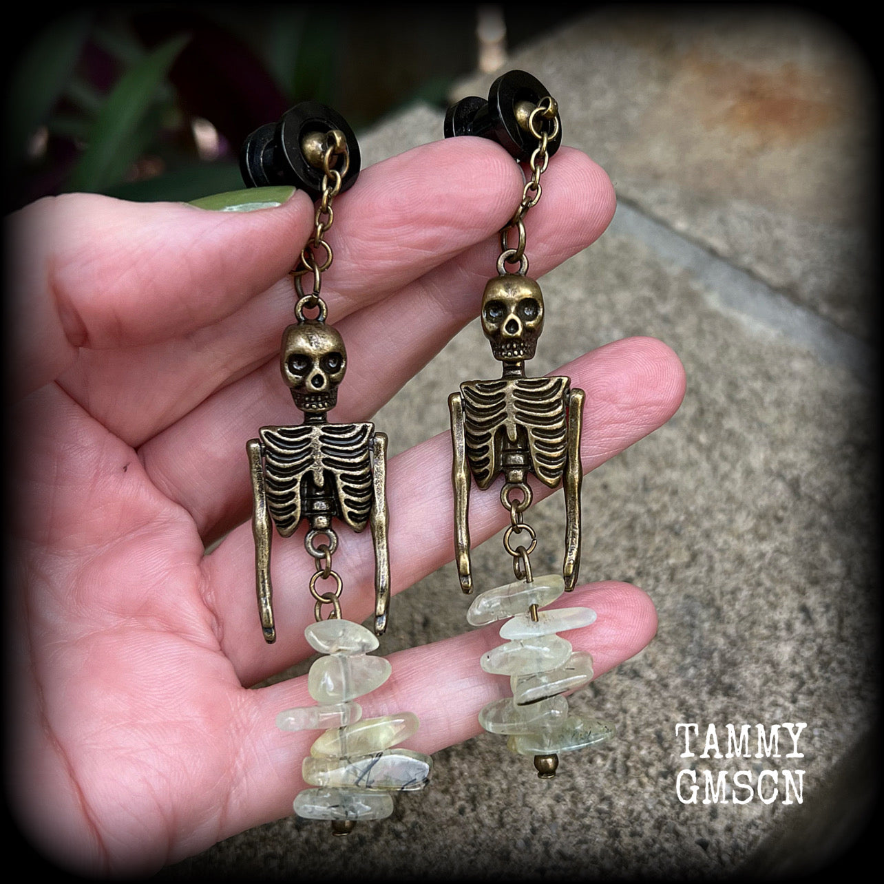 Bronze and Serpentine mermaid skeleton earrings