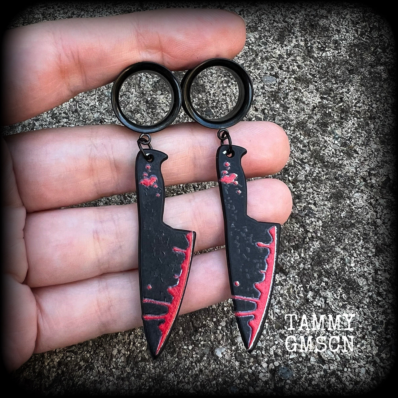 Bloodied knife tunnel earrings-Horror punk earrings