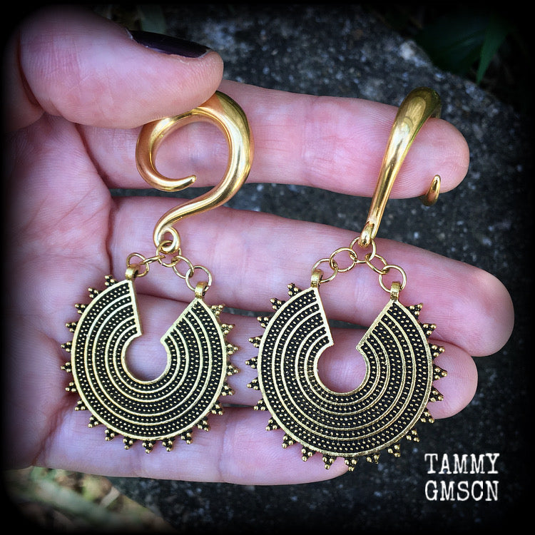 Antique gold Ishtar disc gauged earrings