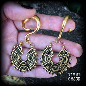 Antique gold Ishtar disc gauged earrings