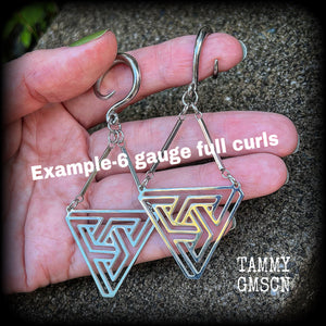 Triangle maze earrings Geometic earrings Geometric jewellery Geometric gauged earrings Optical illusion ear hangers MC Escher 6 gauge ear weights Stretched ears Stretched lobes Ear gauges 4mm 6mm 8mm 10mm 12mm 14mm 16mm 19mm 22mm 25mm 28mm 30mm