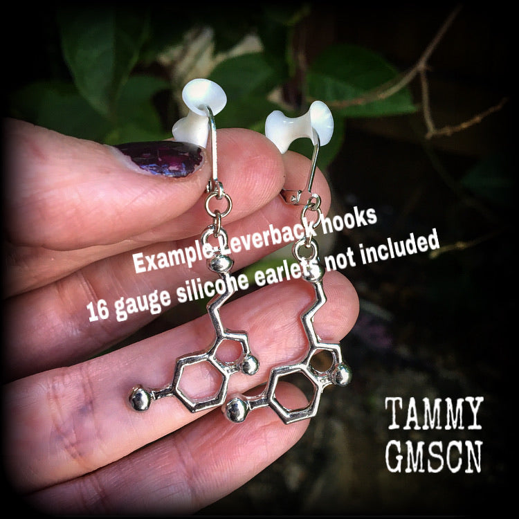 These cute little antique silver Serotonin molecule earrings measure just under 5cms from tip to tip, and are super light weight at only a few grams each.

This pair have been made with leverback hooks.