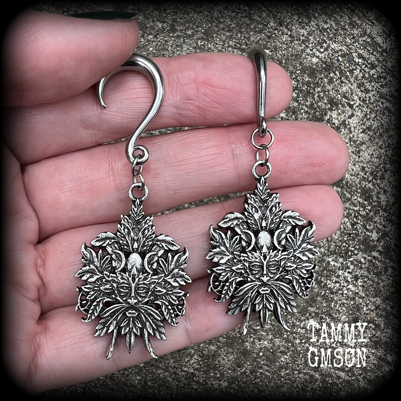 Greenman earrings Green man earrings Greenman jewelry Horned god Cernunnos jewelry Male god Stag god Folk horror Folk lore Mythology Mythological beasts Mythical Silver ear weights Ear hangers 4mm 6mm 8mm 10mm 12mm 14mm 16mm 19mm 22mm 25mm 28mm 30mm 