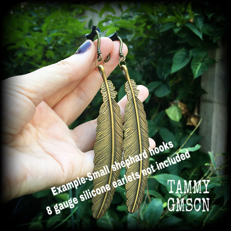 Bronze feather earrings-Harpy ear hangers