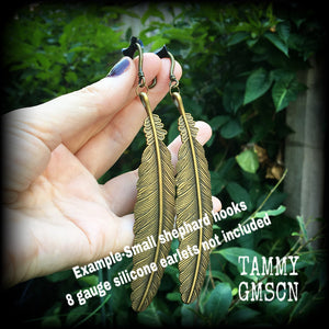 Bronze feather earrings-Harpy ear hangers