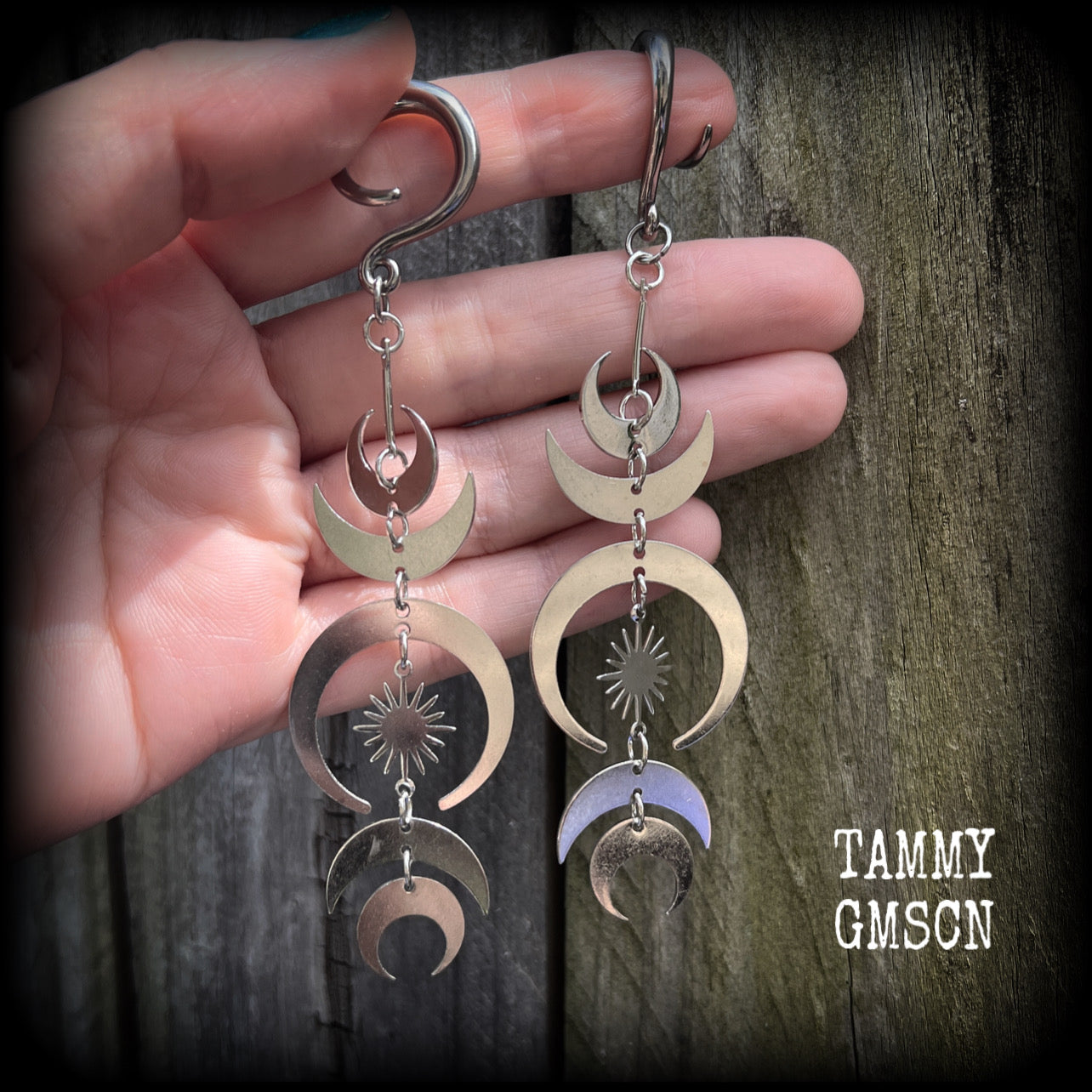 Moon ear weights Moon jewelry Witchy jewelry Witchy ear hangers Tribal sun earrings Occult jewelry Sun earrings Crescent moon earrings Ear gauges Ear jewelry Black Friday Spirals Cradles Saddles 4mm 6mm 8mm 10mm 12mm 14mm 16mm 19mm 22mm 25mm 28mm 30mm