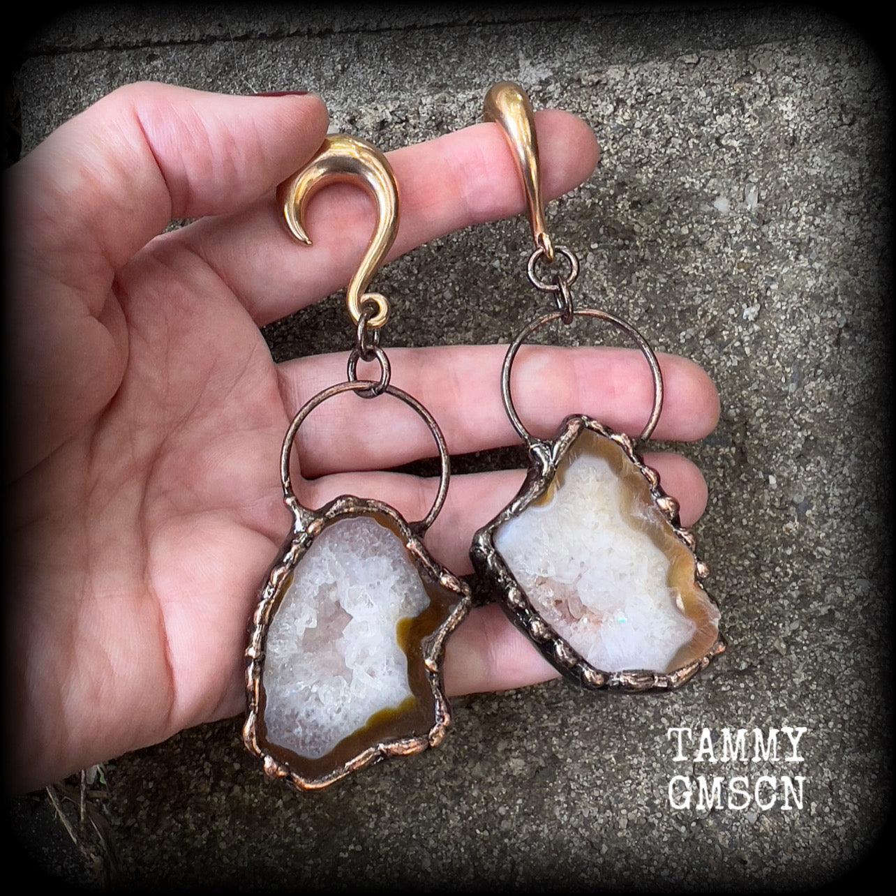 Agate geode slice gauged earrings