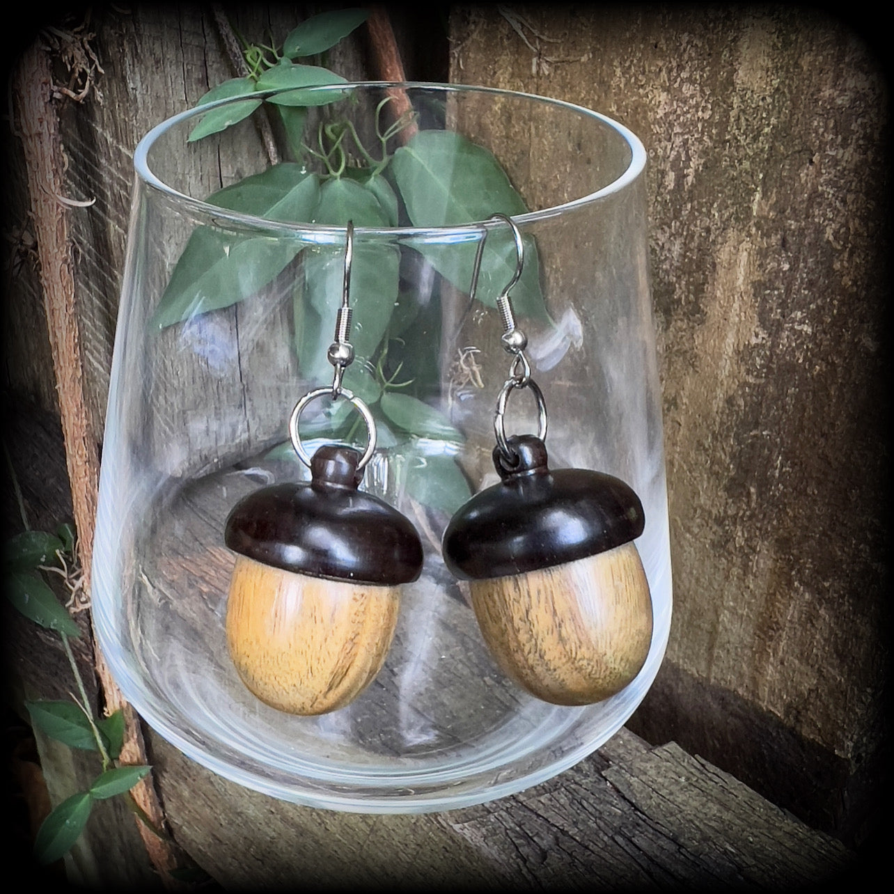 Sandalwood acorn stash pot earrings