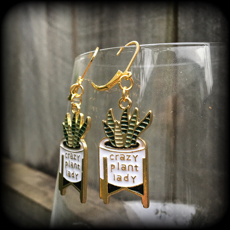 Crazy plant lady earrings Snake plant earrings Cactus jewelry Pot plants Plant jewelry Pierced ears Leverback hooks Clip ons Ear gauges Crazy plant lady jewellery Cactus earrings Nature jewelry Novelty gifts Stocking stuffers Christmas gifts