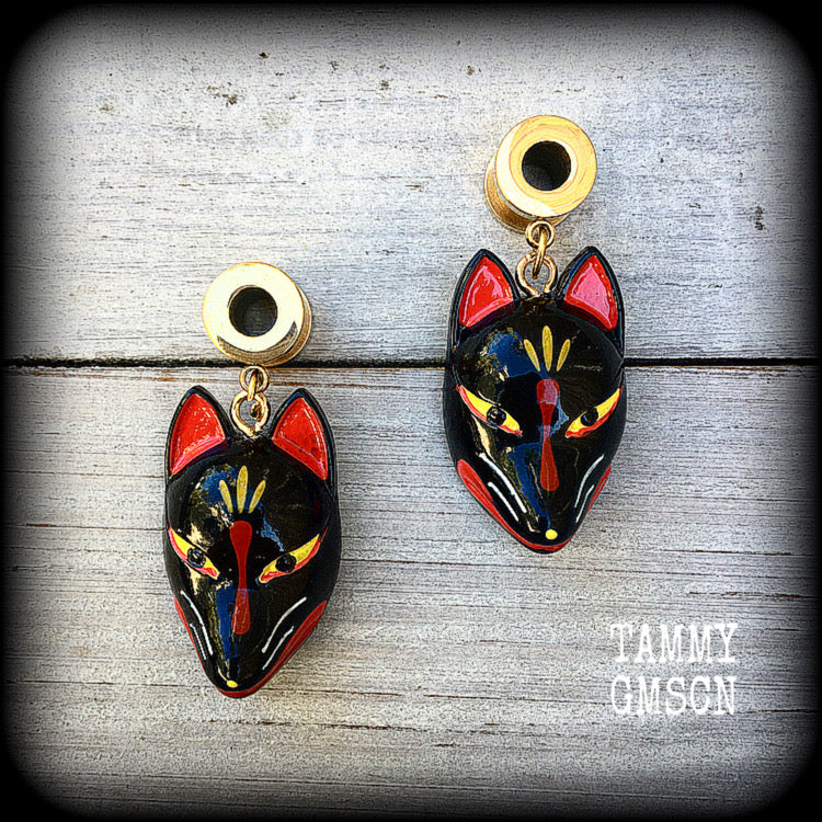 Black kitsune tunnel earrings-Japanese earrings