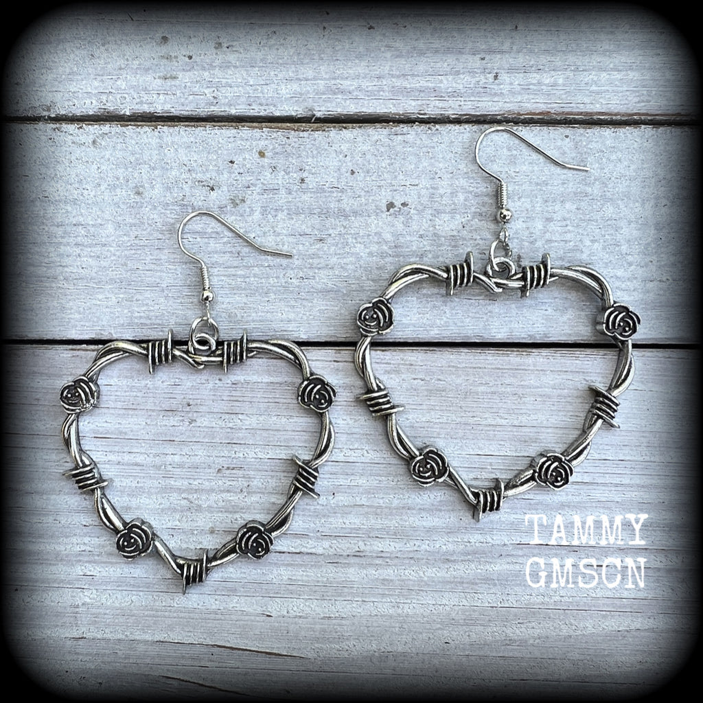 Barbed wire heart and roses earrings-Punk earrings