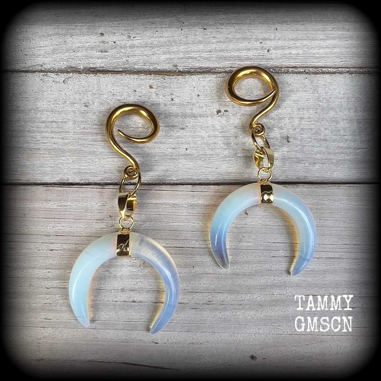 Opalite crescent moon gauged earrings