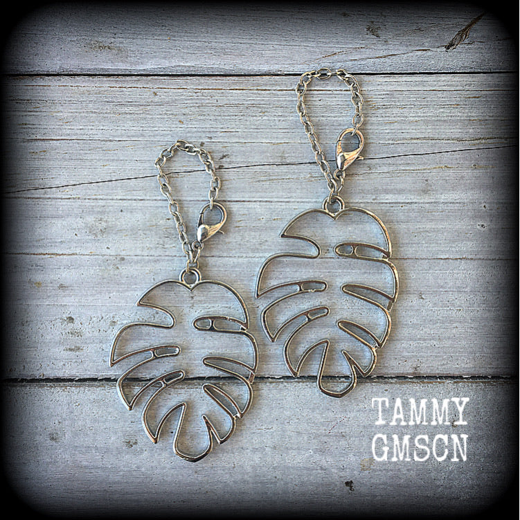 Monstera leaf earrings-Tunnel dangles