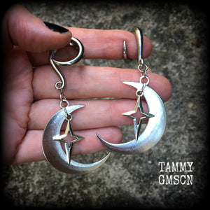 Crescent moon and star gauged earrings-MCM inspired