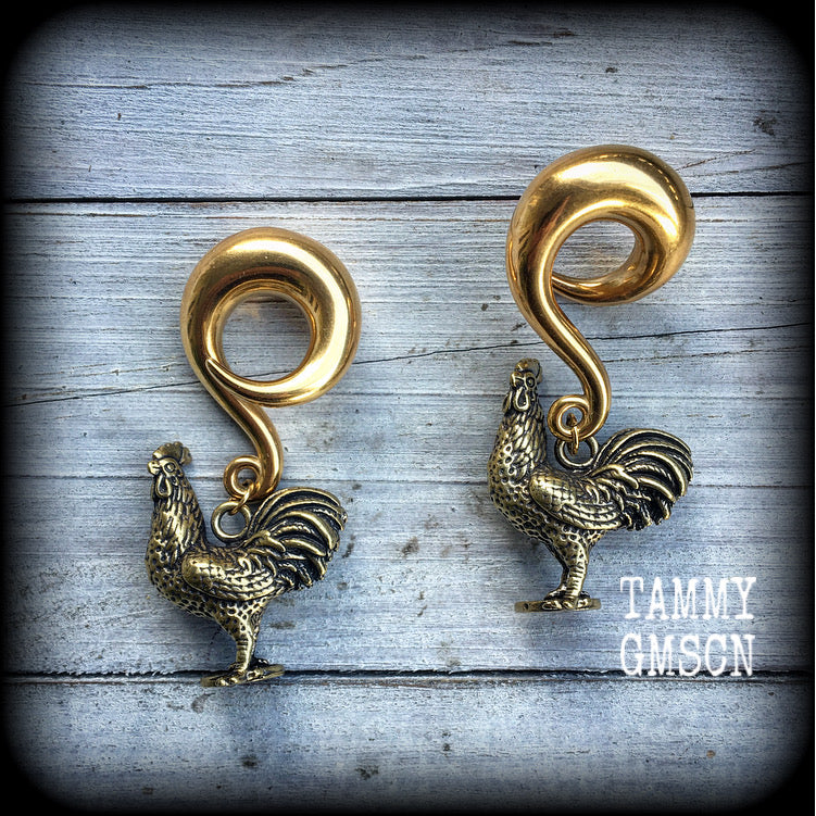 Brass rooster ear weights-Gauged earrings