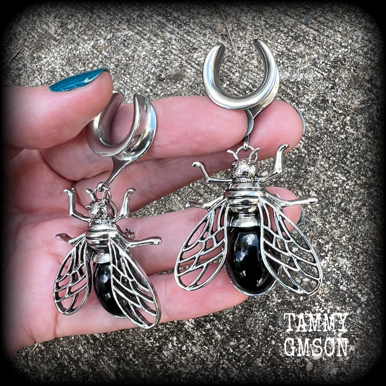 Black obsidian and antique silver insect gauged earrings