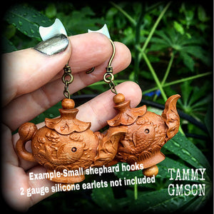 Teapot earrings-Carved wood earrings