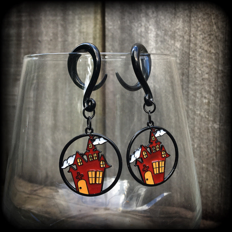 Haunted house gauged earrings Ghost earrings 6 gauge ear weights Halloween earrings Stretched lobes Halloween jewelry Spooky cute earrings Pastel goth earrings Gothic Stretched ears Gauged ears 4mm 8mm 10mm 12mm 14mm 16mm 19mm 22mm 25mm 28mm 30mm