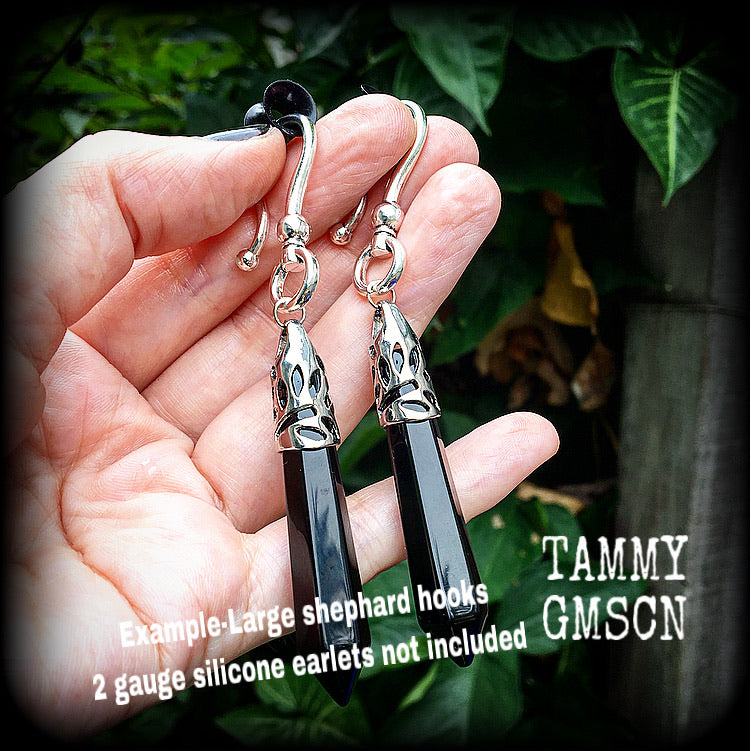 Black Obsidian earrings 6 gauge tunnel earrings Tunnel dangles Gemstone earrings Gemstone jewelry Ear hangers Pierced ears Stretched lobes 4mm 5mm 6mm 7mm 8mm 9mm 10mm body jewelry Witchy vibes Witchy jewelry Gothic earrings Gothic jewelry 2g 0g 00g