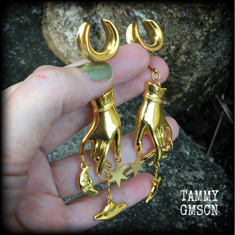 Chiromancy earrings Palmistry ear hangers Cradle ear weights Stars ear gauges Planets earrings Celestial jewelry Gauged earrings Stretched ears Stretched lobes Gauged ears Gauged lobes Body jewelry 6g 2g 0g 00g 1/2" 9/16" 5/8" 3/4" 7/8" 1" 1.10" 1.18