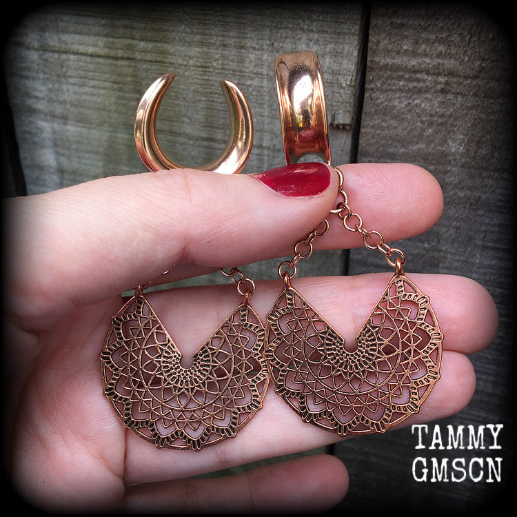 Rose gold tone mandala gauged earrings-Cradle weights